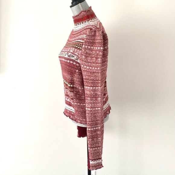 Free People Red & Pink Knit Sweater Cowl Neck Puff Sz L Boho Cottagecore NWT - Picture 6 of 16